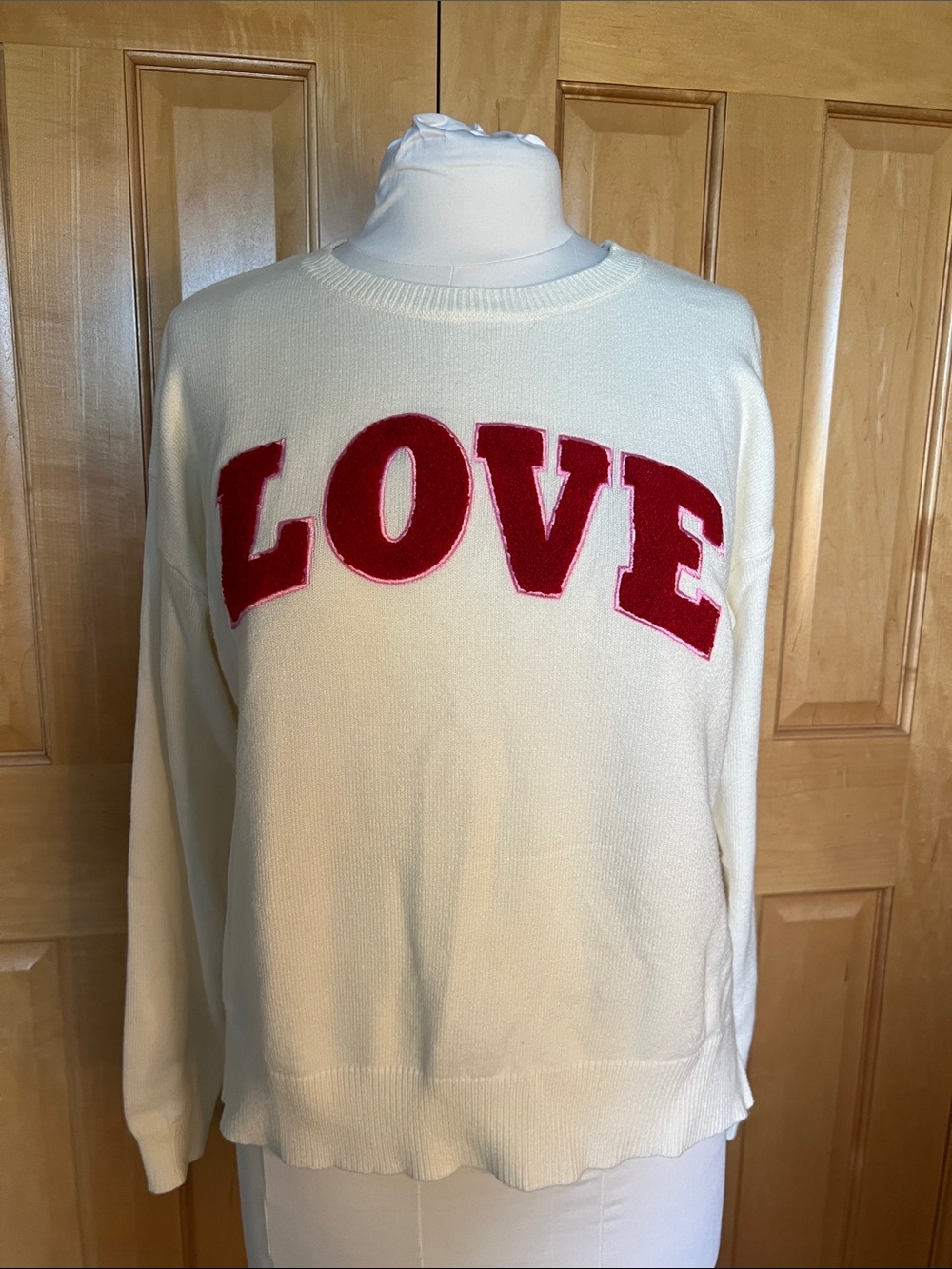 Crewneck Sweater with Red LOVE Appliqué - Cream